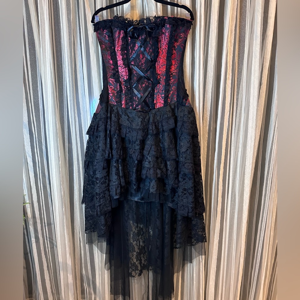 Strapless, red and black lace corset dress with Hi-low hem